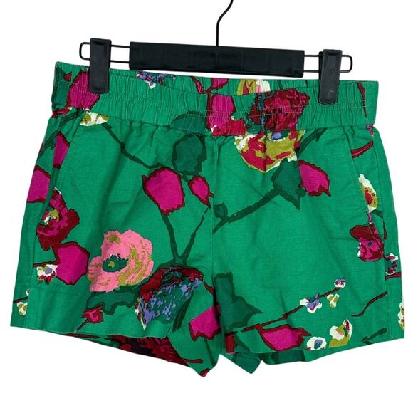 J. Crew Hibiscus Flowers Floral Boardwalk Linen Shorts Pockets 0 Kelly Green - Picture 11 of 15
